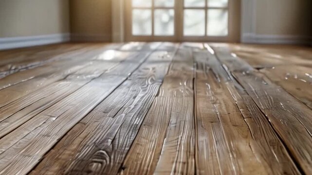 Close-up shot of empty fashionable living sitting lounge room with wooden laminate floor and light from the window behind. Home parquet with brown wooden texture as blank mock-up space.2