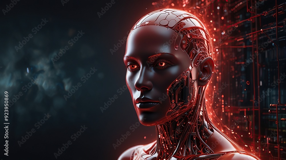 Poster free photo new 3d rendering ai robot face working with future digital graphic interface on dark back