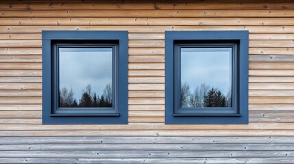 Fototapeta premium Plastic windows in gray lamination on the wall of a wooden house , ai