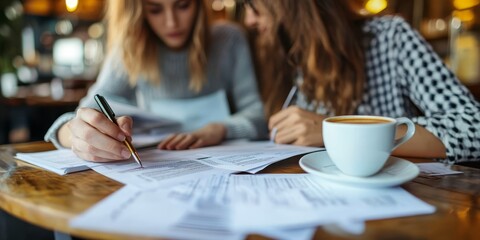A couple planning their financial future over coffee, reviewing documents and making notes in a stylish, comfortable cafe setting