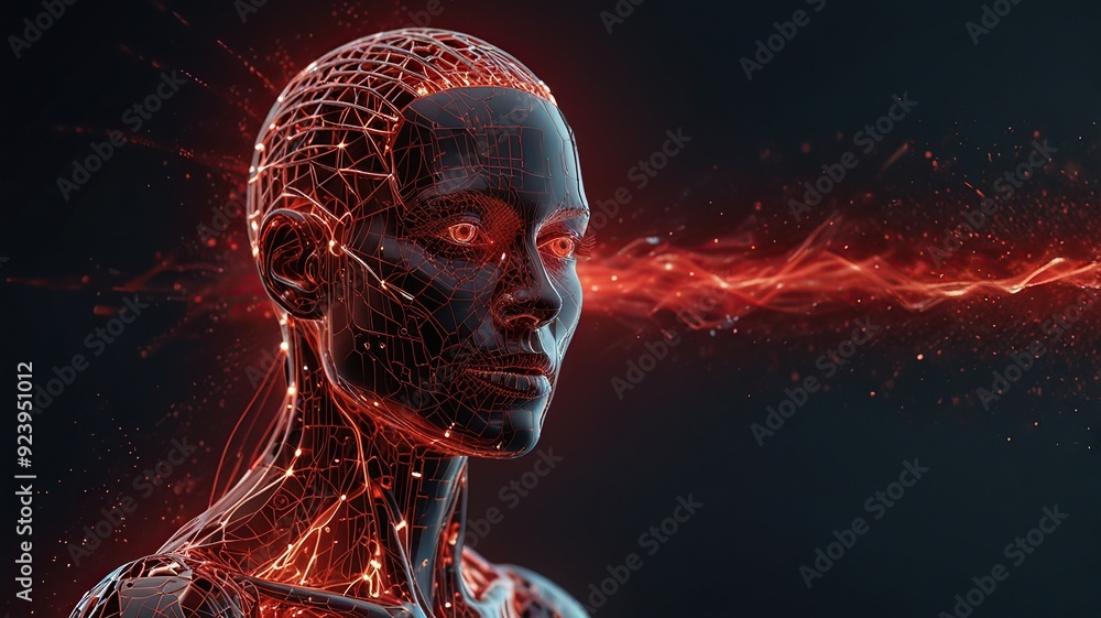 Poster free photo new 3d rendering ai robot face working with future digital graphic interface on dark back