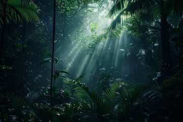 Obraz premium Sunlight shining into a dark, green jungle landscape in the morning. Rainforest with tall trees and big, tropical leaves. Nature concept.