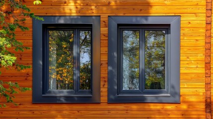 Plastic windows in gray lamination on the wall of a wooden house , ai