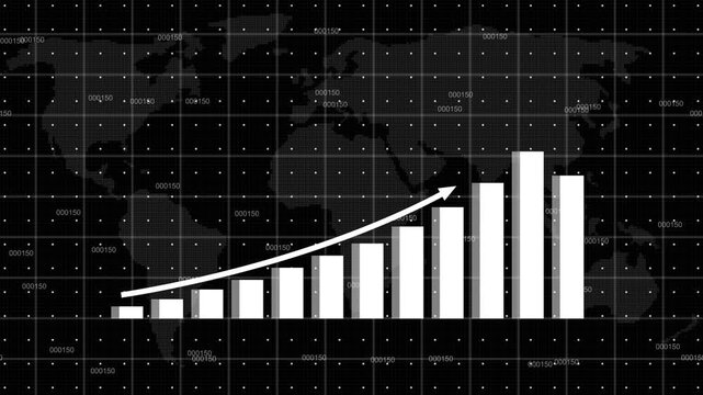 Business infographics with rising arrow and bar stats appearing. Rising bar graph following the arrow with dotted world map. 3d render.