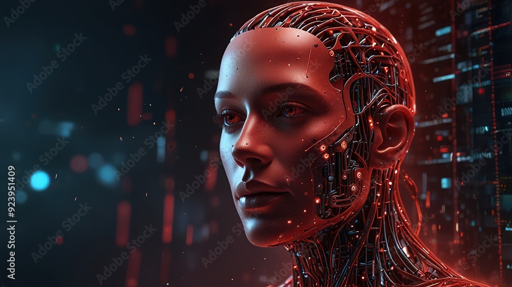 Poster free photo new 3d rendering ai robot face working with future digital graphic interface on dark back