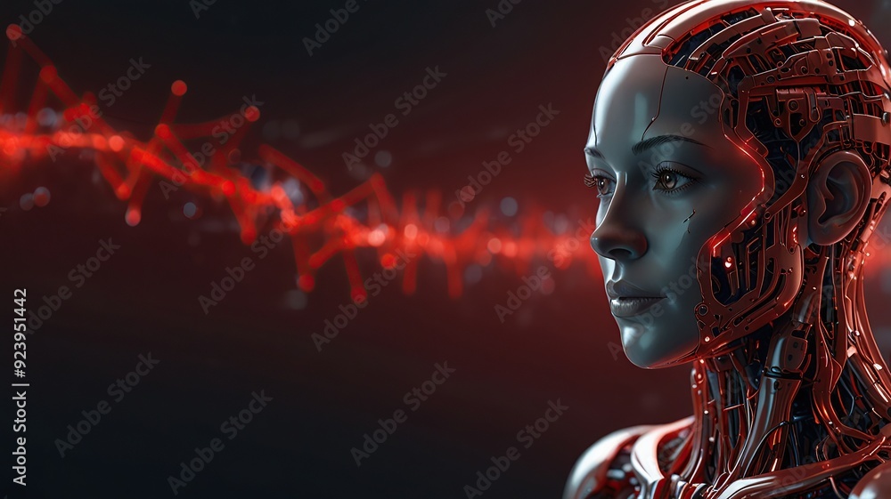 Poster free photo new 3d rendering ai robot face working with future digital graphic interface on dark back