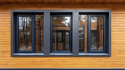 Fototapeta premium Plastic windows in gray lamination on the wall of a wooden house , ai