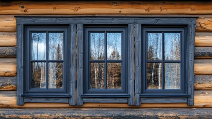 Fototapeta premium Plastic windows in gray lamination on the wall of a wooden house , ai
