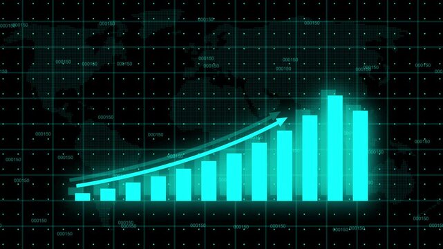 Business infographics with rising arrow and bar stats appearing. Rising bar graph following the arrow with dotted world map. 3d render.