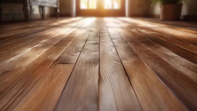 Close-up shot of empty fashionable living sitting lounge room with wooden laminate floor and light from the window behind. Home parquet with brown wooden texture as blank mock-up space.3
