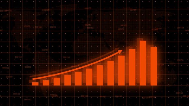 Business infographics with rising arrow and bar stats appearing. Rising bar graph following the arrow with dotted world map. 3d render.