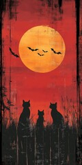 Vintage Halloween Scene with Black Cats and Bats Under a Full Moon and a red sky