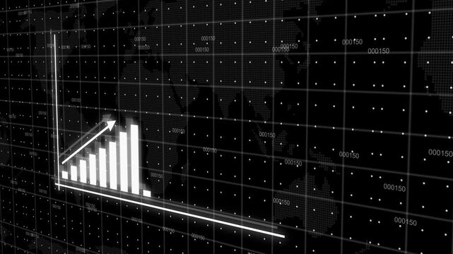 Business infographics with rising arrow and bar stats appearing. Rising bar graph following the arrow with dotted world map. 3d render.
