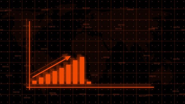 Business infographics with rising arrow and bar stats appearing. Rising bar graph following the arrow with dotted world map. 3d render.