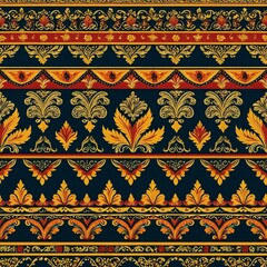 A blue and red wallpaper featuring a repeating pattern of leaves