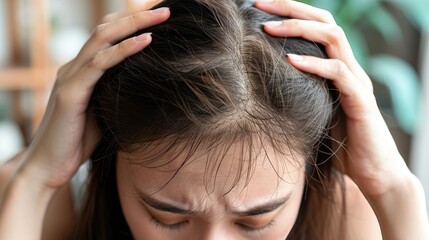 Fototapeta premium A woman with a bald spot on her head is looking down