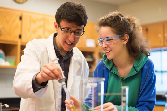 Female teacher guiding a student during a lab experiment in a classroom. Generative AI - Powered by Adobe