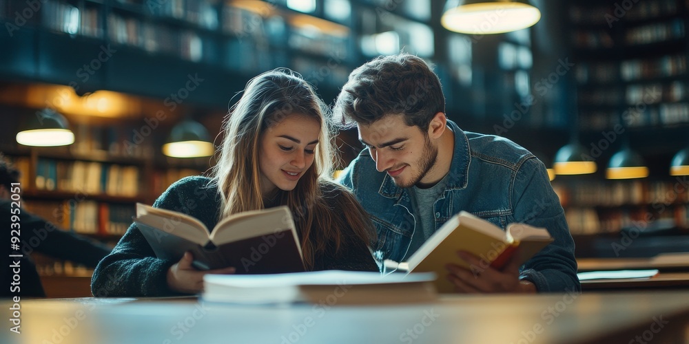 Poster A pair of mature students in a library studying together with textbooks open and taking notes deep in discussion and learning