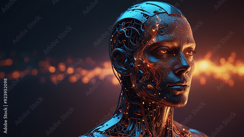 Poster free photo new 3d rendering ai robot face working with future digital graphic interface on dark back