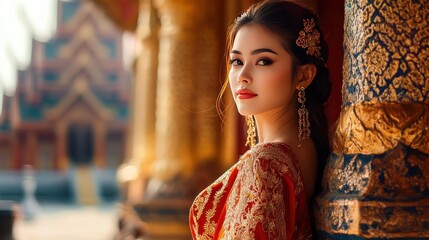 Woman in Traditional Thai Dress with Golden Jewelry Near Temple