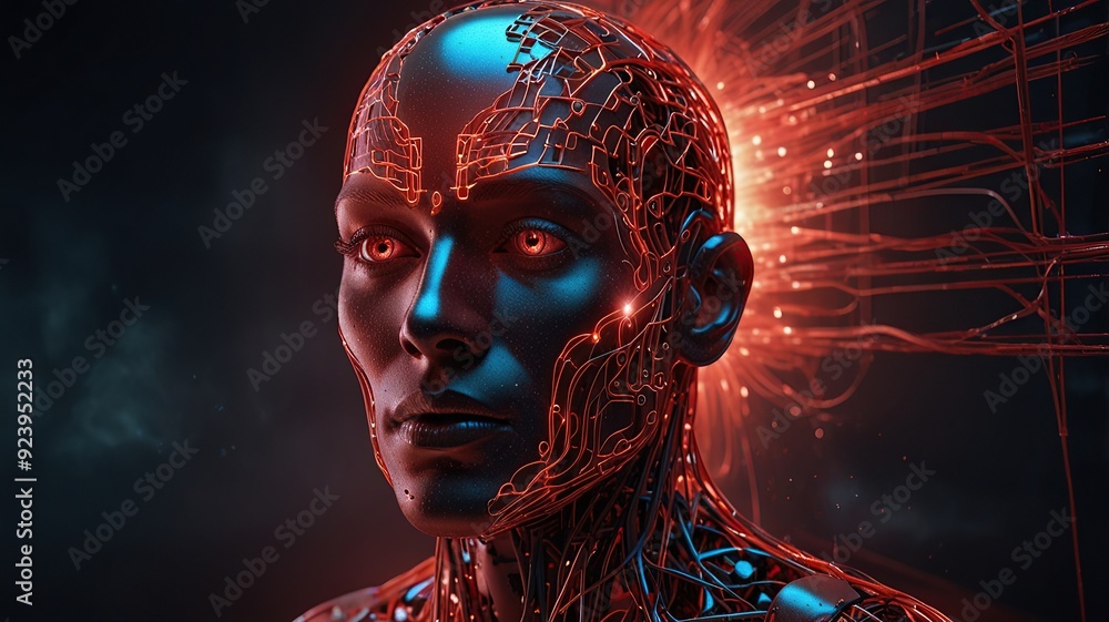 Poster free photo new 3d rendering ai robot face working with future digital graphic interface on dark back