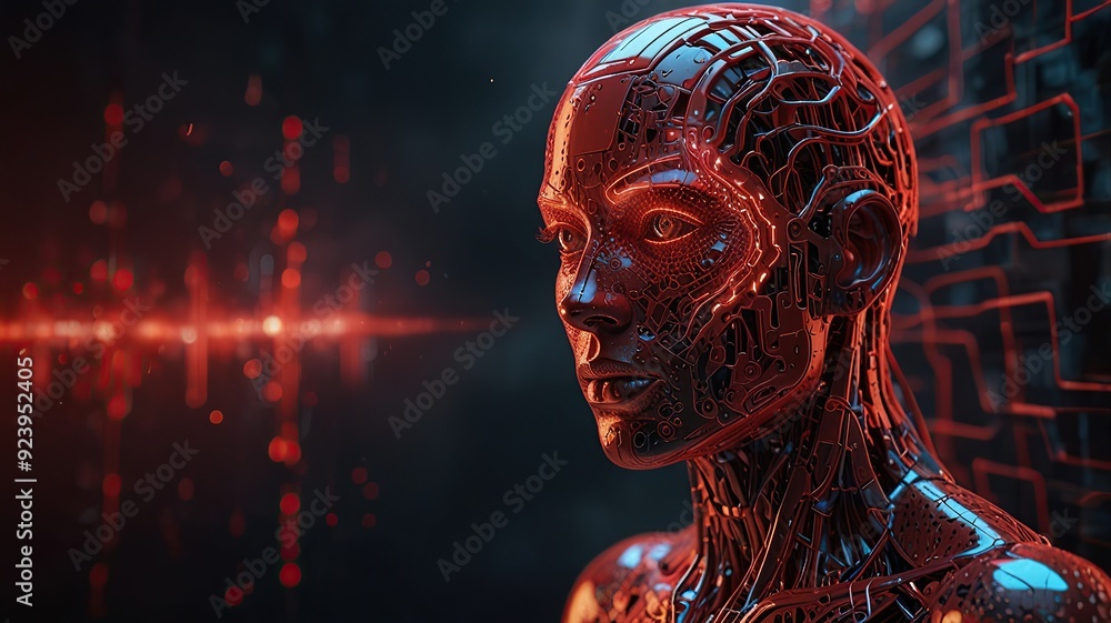 Poster free photo new 3d rendering ai robot face working with future digital graphic interface on dark back