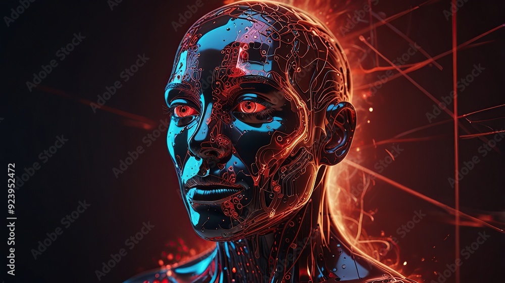 Poster free photo new 3d rendering ai robot face working with future digital graphic interface on dark back