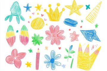 Colorful childish crayon drawn doodle collection pencil drawings