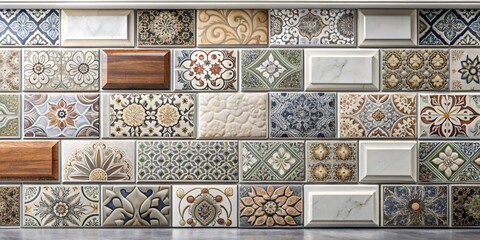 Vintage Ceramic Tile Patterns. The tiles showcase a diverse range of colors, including blues, browns, grays, and beiges.