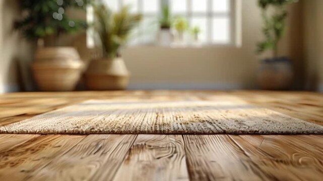 Close-up shot of empty fashionable living sitting lounge room with wooden laminate floor and carpet and light from the window behind. Home parquet with brown wooden texture as blank mock-up space.