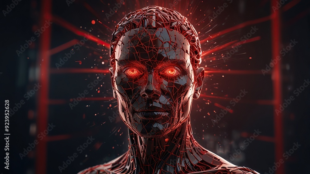 Poster free photo new 3d rendering ai robot face working with future digital graphic interface on dark back