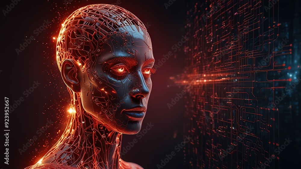 Poster free photo new 3d rendering ai robot face working with future digital graphic interface on dark back