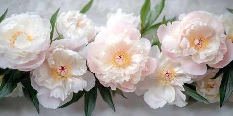 Fototapeta premium A delicate arrangement of peonies in full bloom, captured in soft pastel tones, with intricate petal details and fresh green leaves
