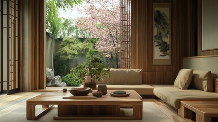 Fototapeta premium Tranquil Japanese-style living room with a view of cherry blossoms during springtime