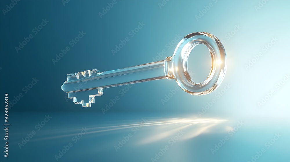 Poster floating transparent glass key with refracting light in 3d