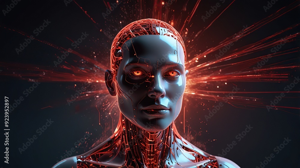 Poster free photo new 3d rendering ai robot face working with future digital graphic interface on dark back
