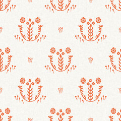 Obraz premium Peach fuzz botanical floral texture background with color of the year two tone linen fabric effect. Soft fresh modern flower cottagecore design, wallpaper and on trend repeat tile textures. 