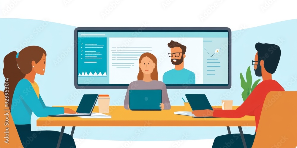 Poster three adults participating in a virtual classroom on a large screen with notebooks and coffee cups o