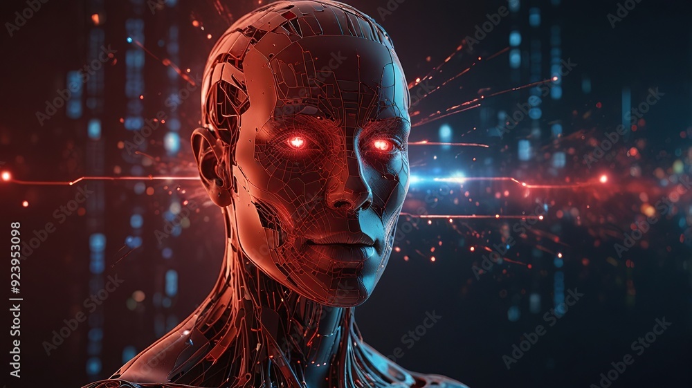 Poster free photo new 3d rendering ai robot face working with future digital graphic interface on dark back