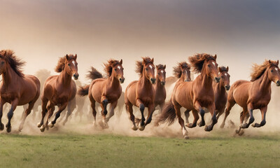 Fototapeta premium Wild Horses Galloping Across Open Fields at Dusk in a Dusty Landscape