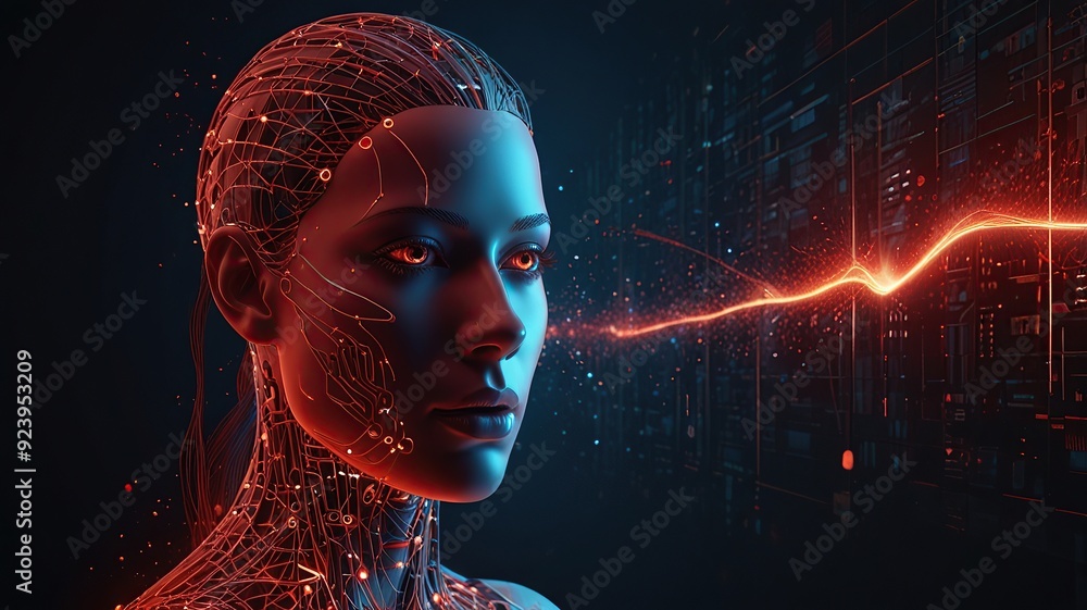 Poster free photo new 3d rendering ai robot face working with future digital graphic interface on dark back
