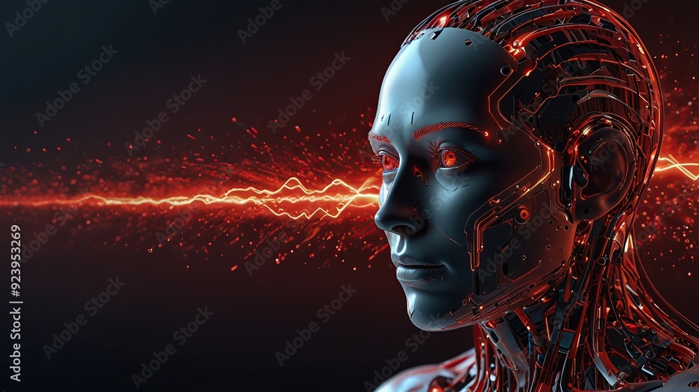 Poster free photo new 3d rendering ai robot face working with future digital graphic interface on dark back