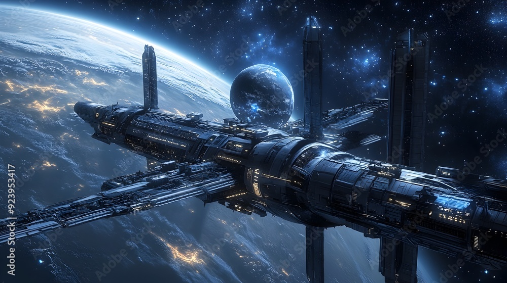 Poster Futuristic 3D Space Station Orbiting a Distant Planet in Outer Space