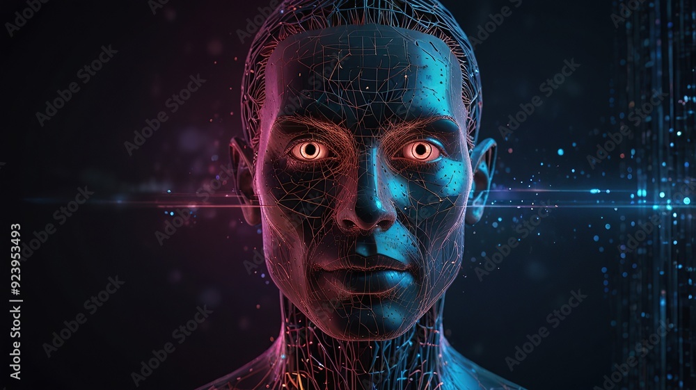 Poster free photo new 3d rendering ai robot face working with future digital graphic interface on dark back