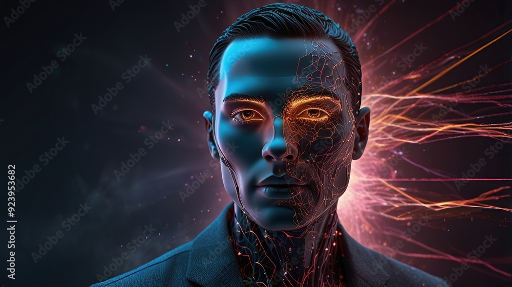 Poster free photo new 3d rendering ai robot face working with future digital graphic interface on dark back