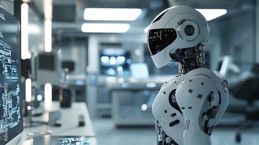 Poster Futuristic Robot Standing in High Tech Laboratory Conceptual Scene