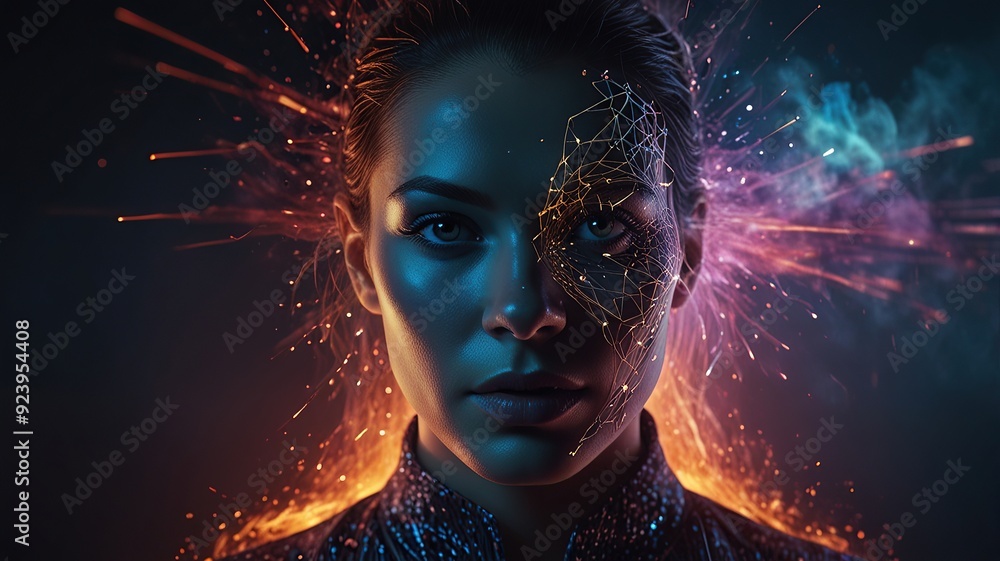 Poster free photo new 3d rendering ai robot face working with future digital graphic interface on dark back