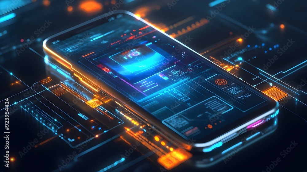 Poster futuristic smartphone with holographic augmented reality interface