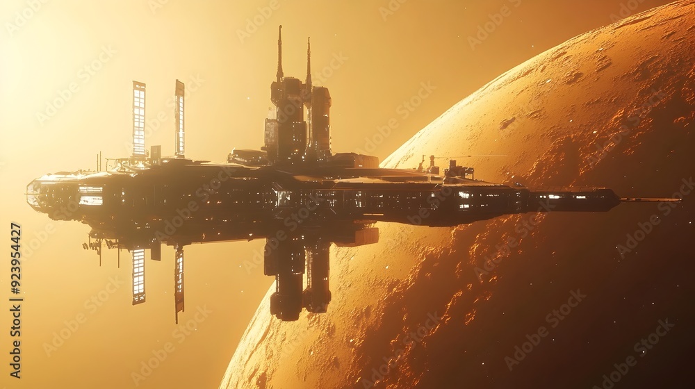 Poster Futuristic Space Station Orbiting Distant Planet in 3D Visualization