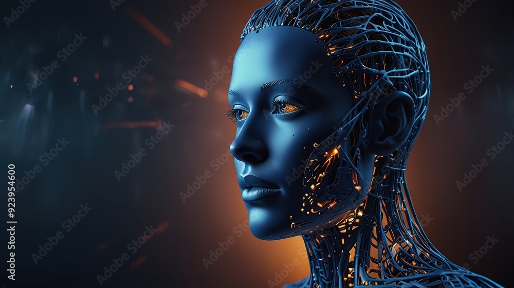 Poster free photo new 3d rendering ai robot face working with future digital graphic interface on dark back